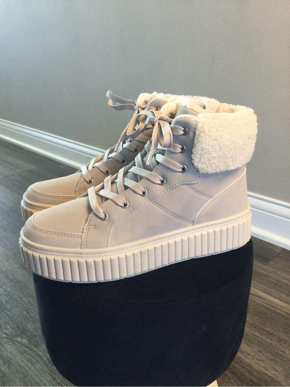 Serra Cream Lace-Up Platform Ankle Boots with Faux Shearling Collar